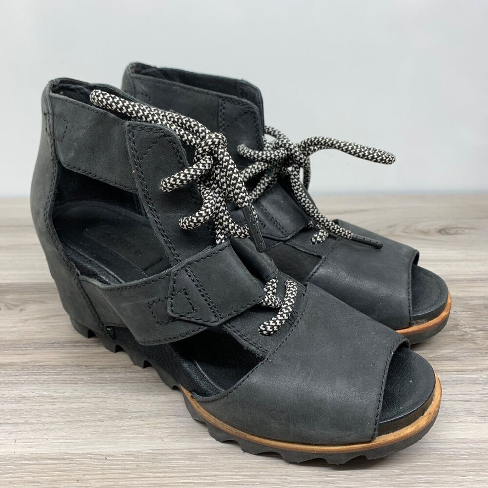 Sorel Joanie Laceâ Wedge Platform Sandals Black Noir Leather Women Size 8 39